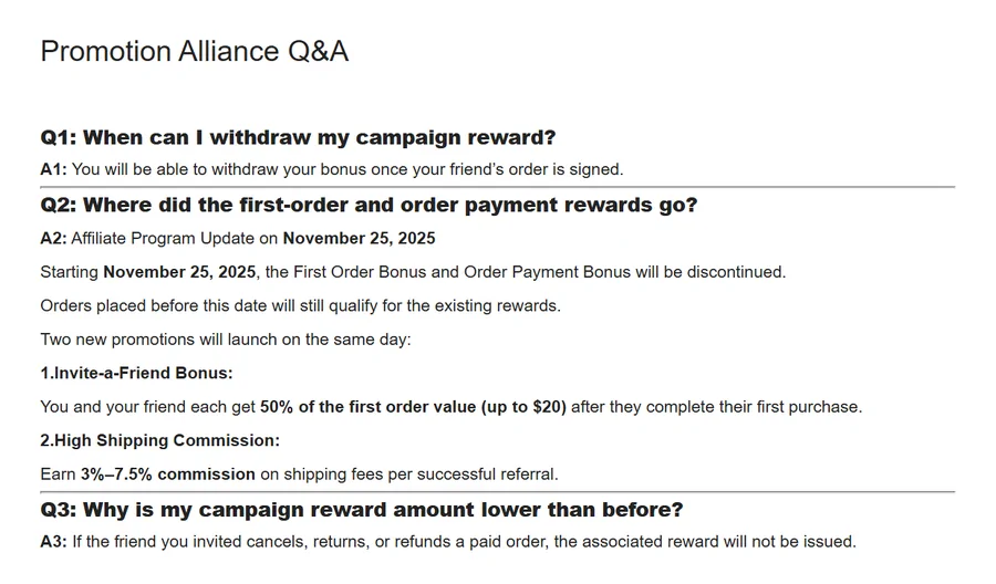 Oopbuy Promotion Alliance Q&A listing the 3% to 7.5% shipping commission and the November 2025 changes