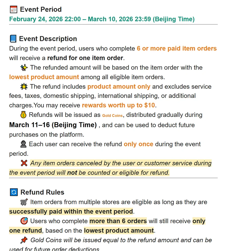 The official rules of Oopbuy's Buy 6 Get 1 event including refund basis and coin distribution dates
