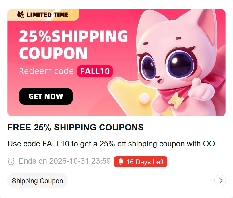 The FALL10 card on the Oopbuy event calendar offering a 25% shipping coupon, ending 2026-10-31 23:59