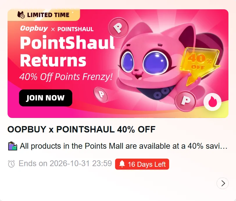 The points mall card on the Oopbuy event calendar advertising items at 60 percent of their point cost