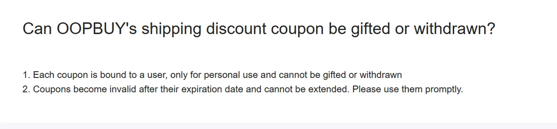 The Oopbuy FAQ entry stating that coupons are bound to a user and cannot be gifted, withdrawn or extended