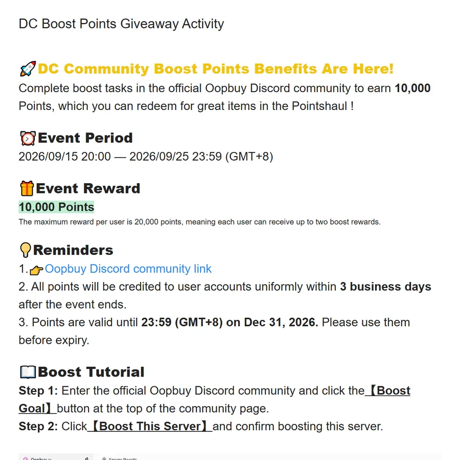 Rules of the September 2026 Discord boost event paying 10,000 points per boost
