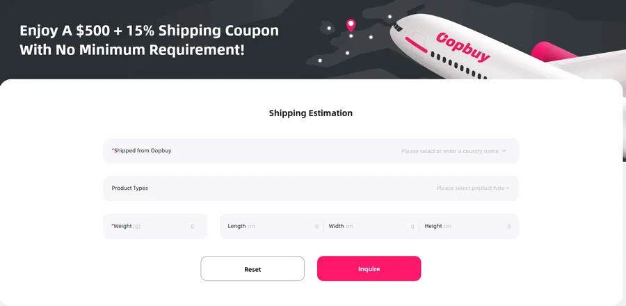 The Oopbuy shipping estimator with its banner offering a dollar coupon amount and a 15% shipping coupon