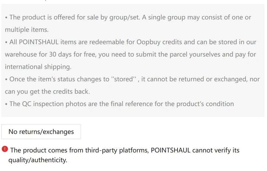 Rules from a points mall item page: 30 days storage, no returns after storage, QC photos final, authenticity not verified