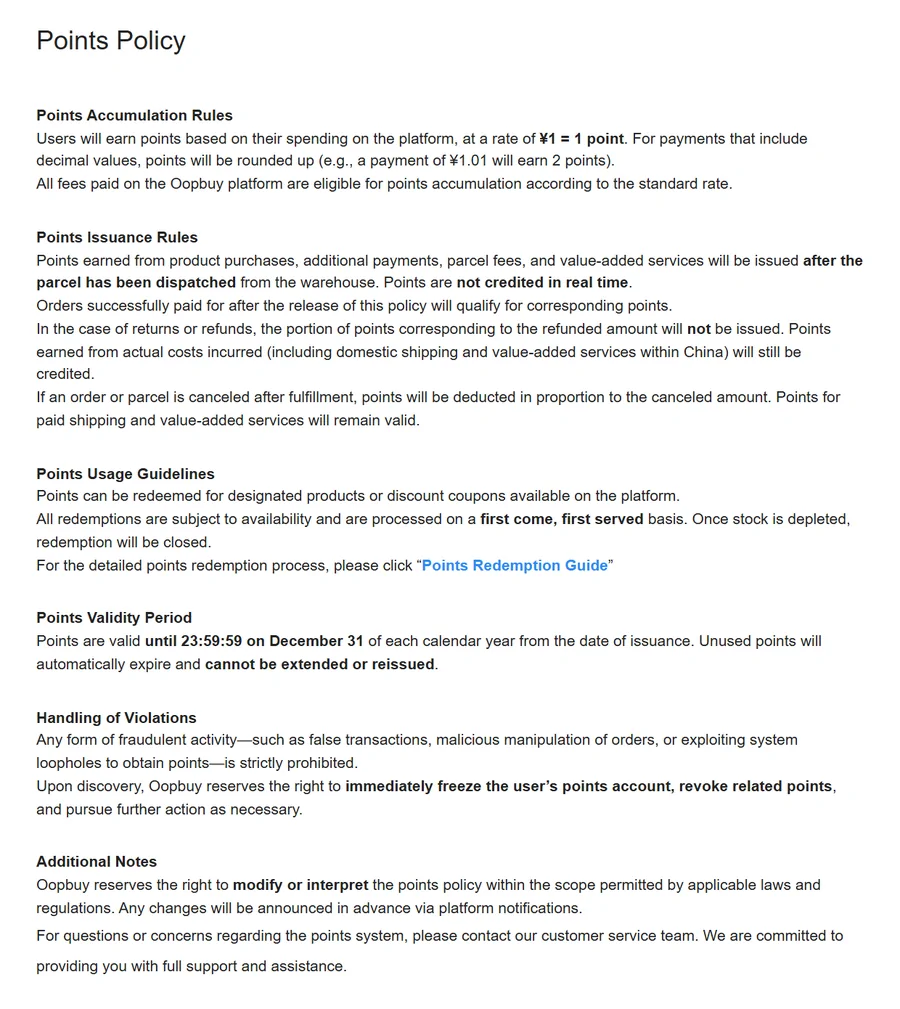 The official Oopbuy Points Policy with accumulation, issuance, usage, validity and violation sections