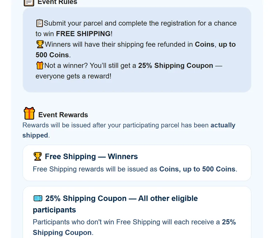 Rules of the September 2026 ship-and-win event: free shipping refunded in coins, other entrants get a 25% shipping coupon