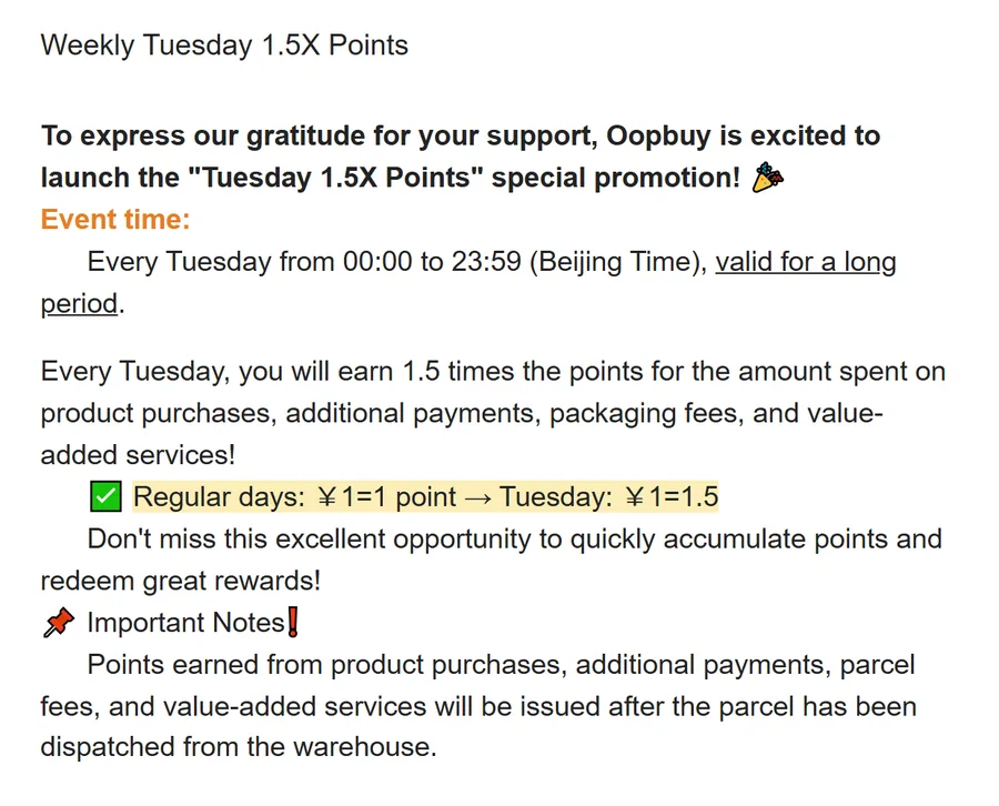 The official Weekly Tuesday 1.5X Points notice listing the fee types that earn extra points