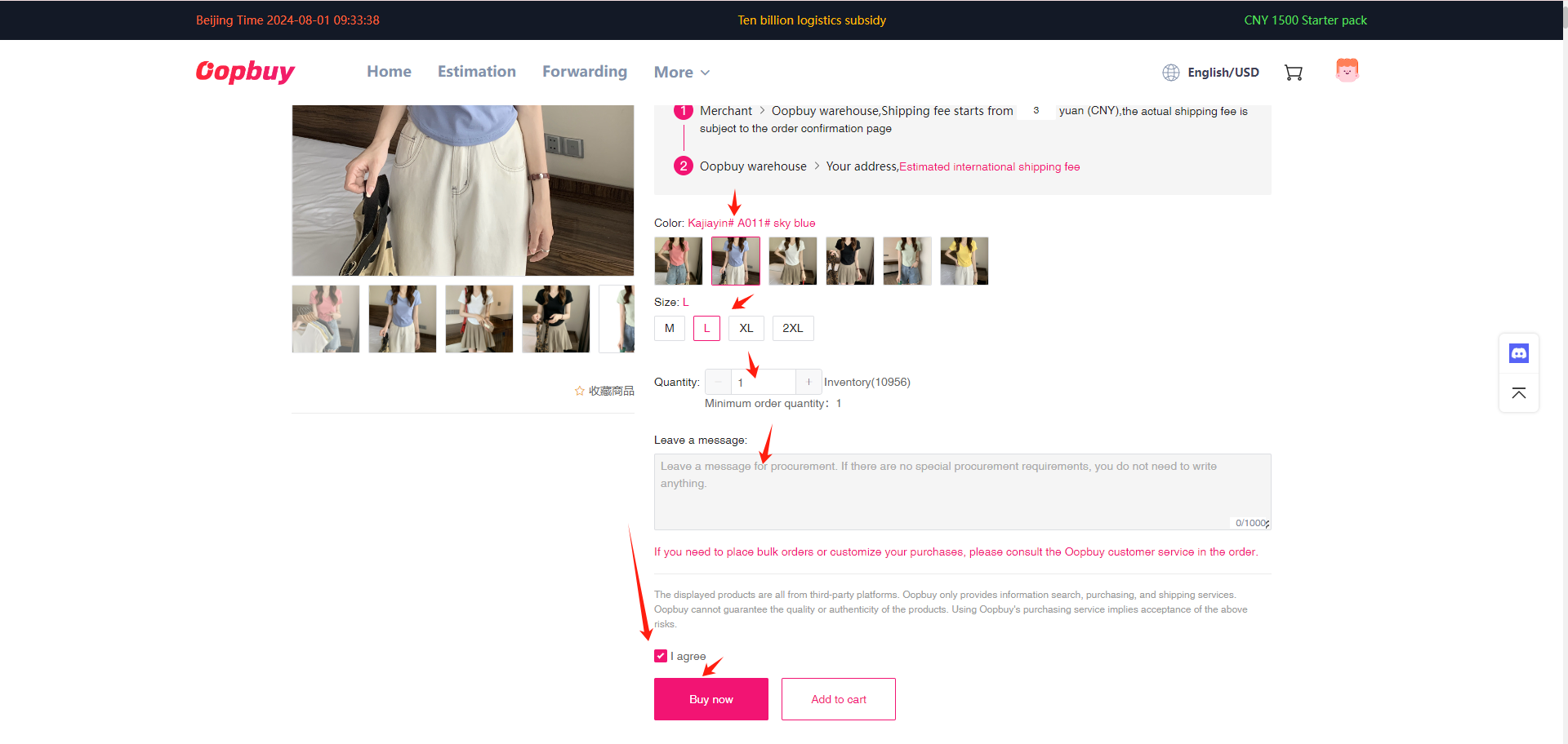 Variant selectors, quantity and buying controls.
