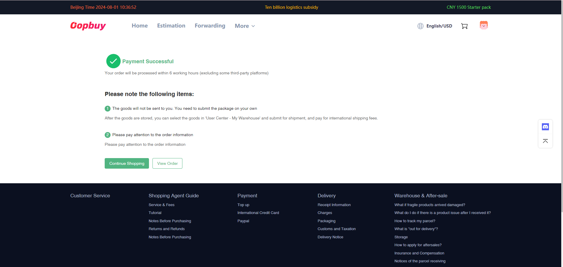 Payment-success screen and the route to order status.