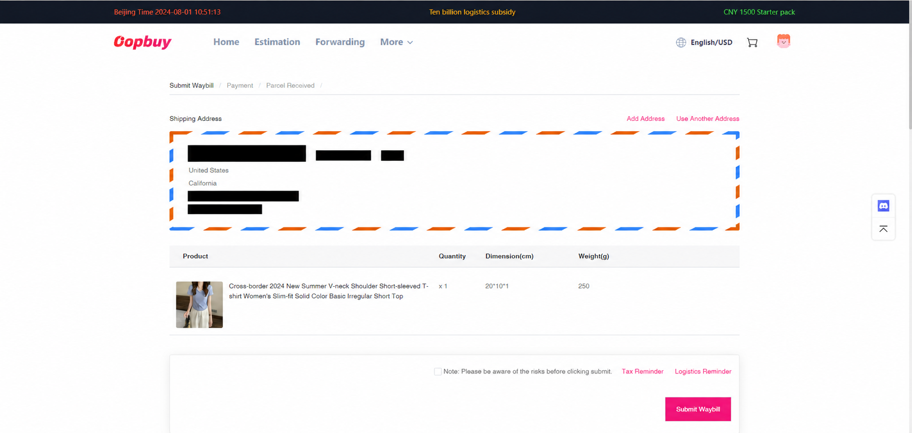 Delivery-address fields and selected warehouse items.