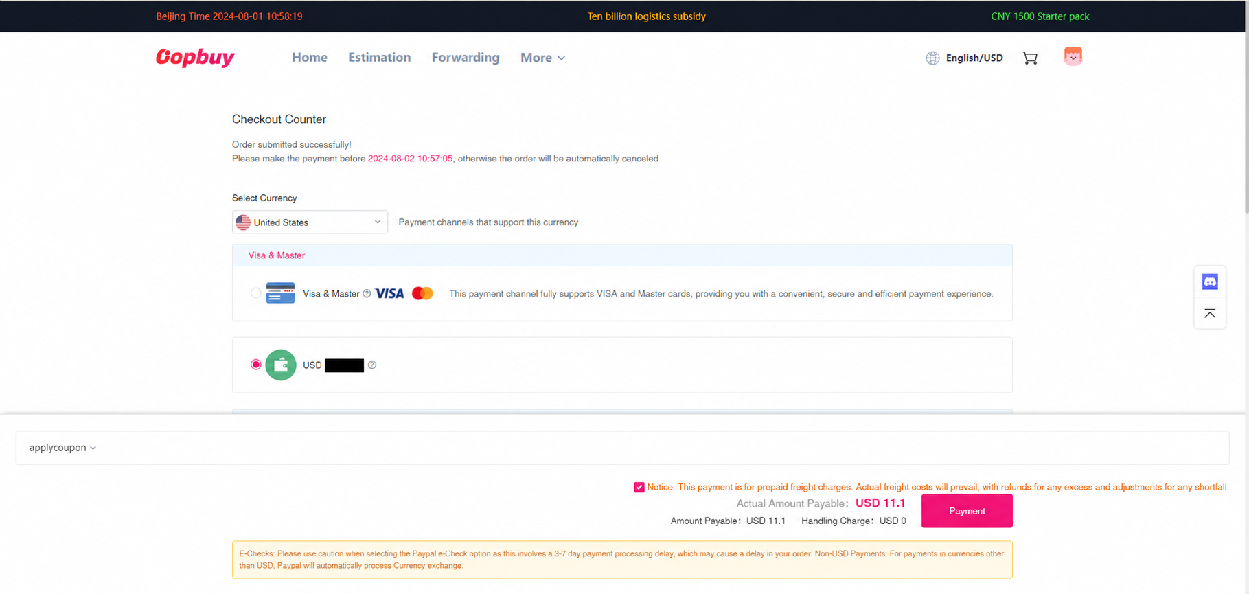 Shipping-line choice and parcel payment methods.