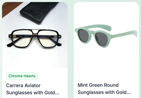 Sunglasses and frames: two neighbouring product cards from the catalogue