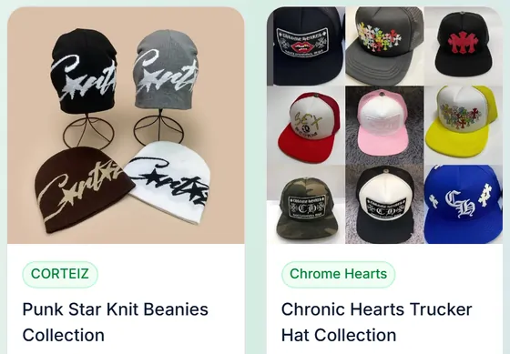 Caps and hats: two neighbouring product cards from the catalogue